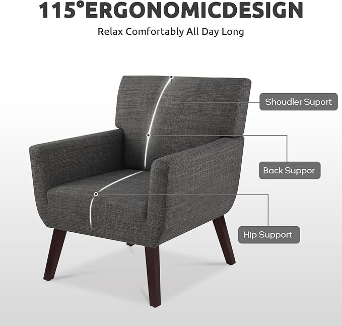 Upholstered Accent Chair,Mid Century Modern Office Fabric Small Living Room Chair with Arm,Comfy Wingback Armchair for Bedroom Reading (Grey, 2 PC)