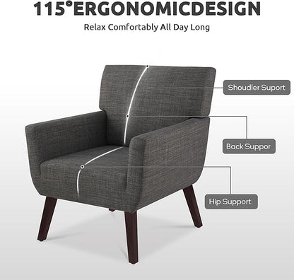 Upholstered Accent Chair,Mid Century Modern Office Fabric Small Living Room Chair with Arm,Comfy Wingback Armchair for Bedroom Reading (Grey, 2 PC)
