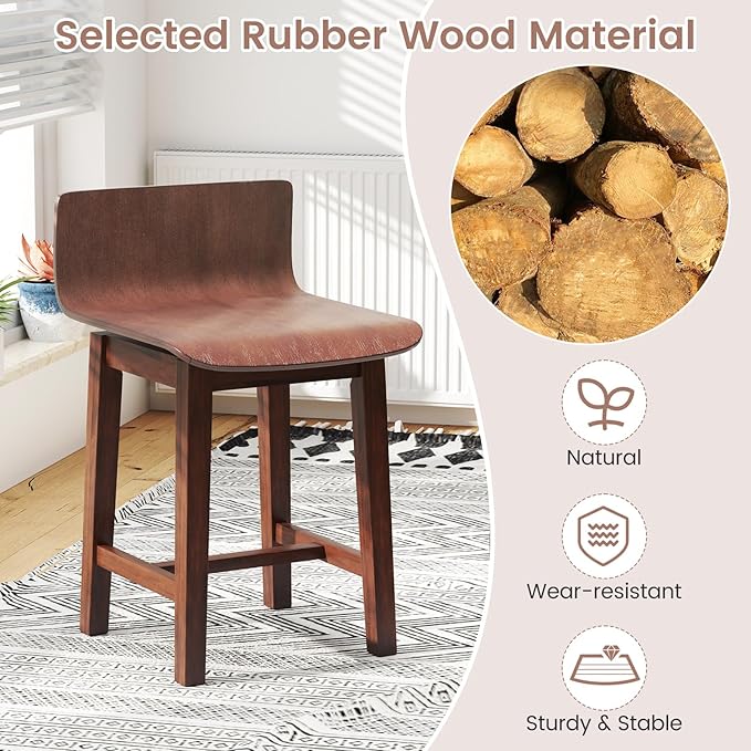 COSTWAY Swivel Solid Wood Dining Stools Set of 4, 19-inch Counter Height Chairs with Low Back, Footrest, Farmhouse Wooden Armless barstools for Kitchen Island, Dining Room, Cafe, Breakfast, Walnut