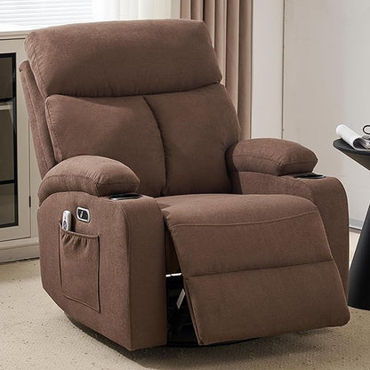 Power Swivel Rocker Recliner Massage Chair for Adults, Electric Rocking Recliner Glider Chairs for Living Room with USB and Type-C Ports,Fabric Reclining Sofa Chair (Mocha Brown)