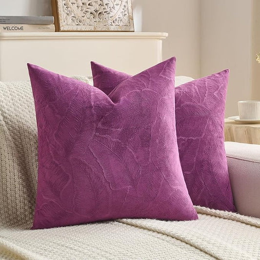 FUTEI Purple Velvet Throw Pillow Covers 18x18 Inch Set of 2,Soft Embossed Leaf-Relief Textured Cushion Cases,Natural Home Decor for Couch Living Room
