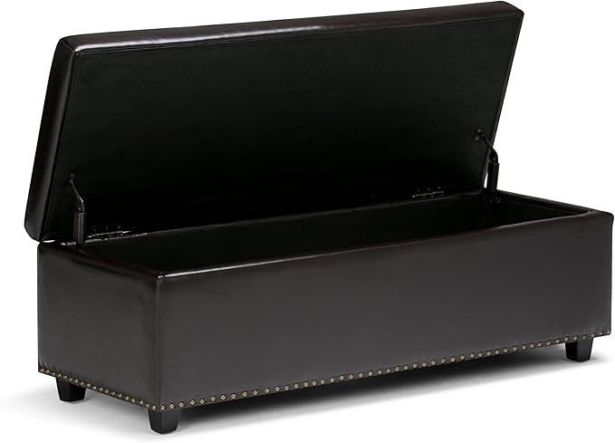 SIMPLIHOME Hamilton 48 inch Wide Transitional Rectangle Storage Ottoman in Coffee Brown Vegan Faux Leather, Assembled, For the Living Room, Entryway and Family Room