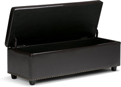 SIMPLIHOME Hamilton 48 inch Wide Transitional Rectangle Storage Ottoman in Coffee Brown Vegan Faux Leather, Assembled, For the Living Room, Entryway and Family Room