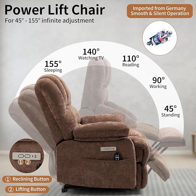 Power Recliner with Vibration Massage & Lumbar Heat, Electric Lift Chairs for Elderly, High Back Reclining Max 155 Degree with Charging Ports, Chenille Fabric Brown