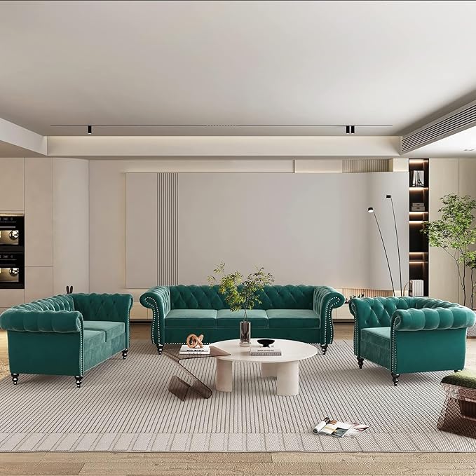 Chesterfield Loveseat Sofa, Modern Velvet Small Sofa Couch 2 Seater with Rolled Arms and Nailhead, Mid Century Modern Loveseat Couch for Small Spaces Living Room Bedroom Apartment, Green