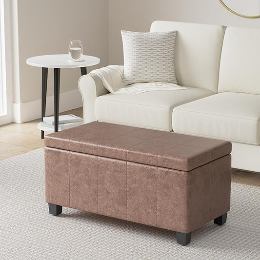 SIMPLIHOME Dover 36 inch Wide Contemporary Rectangle Storage Ottoman Bench in Distressed Umber Brown Vegan Faux Leather, Assembled, For the Living Room, Entryway and Family Room