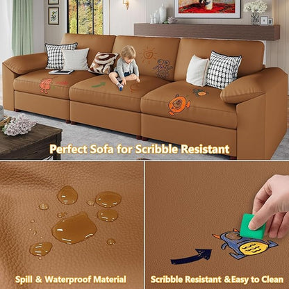 EASE MOOSE Modular Sectional Sofa, Oversized Faux Leather Sectional with Ottoman, Wide Deep Modular Couch, Scratch Resistant Faux Leather Material, U Shaped Couch for Big Spaces, Brown