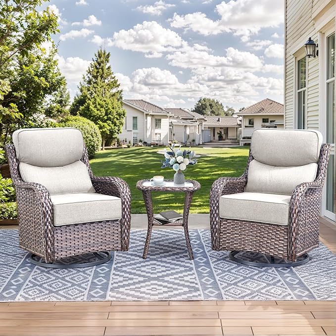 HUMMUH Outdoor Patio Wicker Swivel Rocker Chairs with 6-Inch Thick Cushion High Back 3 PCS Wicker Conversation Set for Porch Balcony Deck