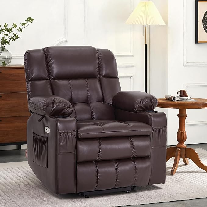 MCombo Dual Motor Small Power Lift Recliner Chair for Elderly, Lay Flat Lift Chair with Heat and Massage, Petite Lift Chair, Cup Holders, Faux Leather 7893 (Dark Brown, Small)