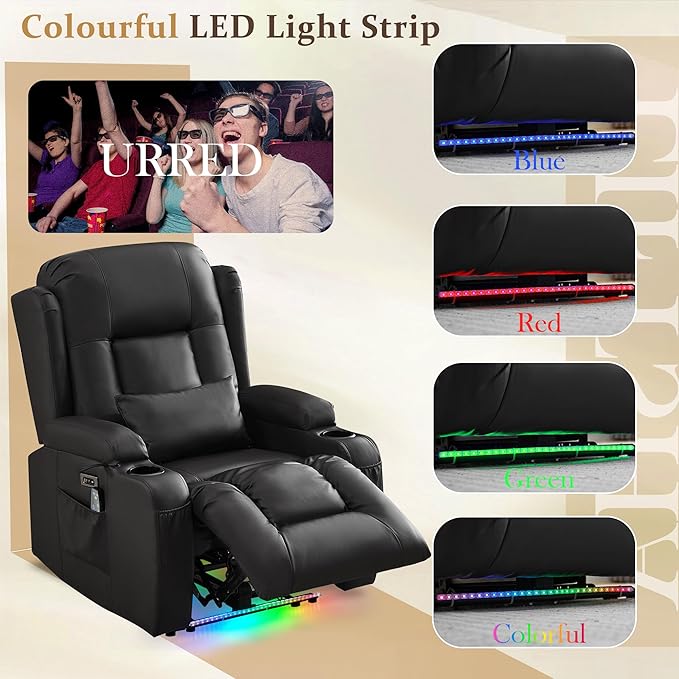 URRED Power Recliner Chair with Massage and Heat for Adults, Electric Reclining Sofa Home Theater Seating with Ambient Light, USB Ports, Cup Holders, Side Pockets, Pillow, Faux Leather (Black)