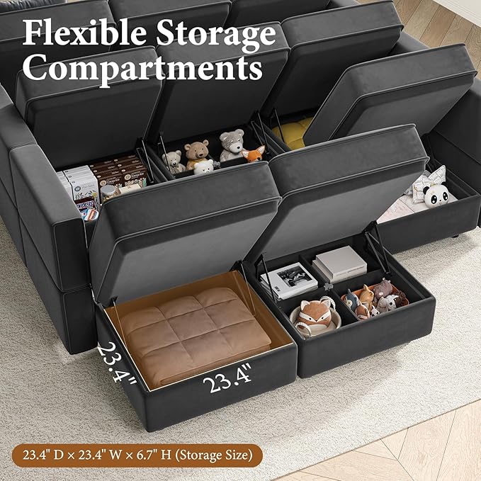 Vesgantti Sectional Couches with Storage Seats, 92" L Shaped Convertible Modular Sectional Sofa, 5 Seat & 1 Ottoman Velvet Storage Chaises Deep Seat Couch for Living Room, Bedroom, Apartment, Gray