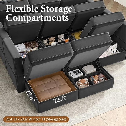 Vesgantti Sectional Couches with Storage Seats, 92" L Shaped Convertible Modular Sectional Sofa, 5 Seat & 1 Ottoman Velvet Storage Chaises Deep Seat Couch for Living Room, Bedroom, Apartment, Gray