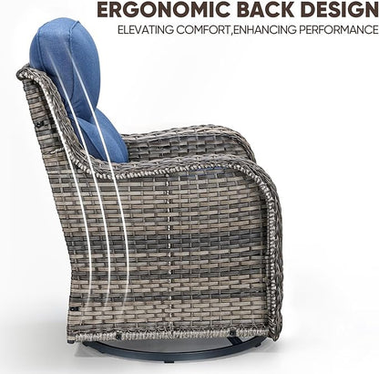 Swivel Patio Chairs Set of 2, High Back Comfortable Outdoor Glider Chairs, 6" Thick Cushion, Wicker, Gray, Blue Cushion