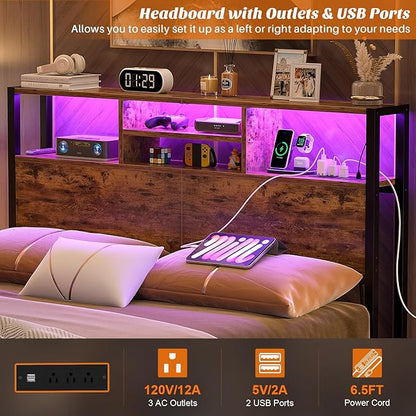 Aheaplus Headboard for Full Size Bed with Storage, Headboards with Outlets, USB Ports and LED Light, Full Size Head Board, Height Adjustable, Reversible, Sturdy and Stable Headboard, Rustic Brown