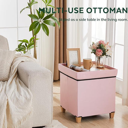 17.7" Ottoman with Storage, Square Storage Ottoman for Dorm, Velvet Ottomans with Legs for Living Room, Bedroom, Pink
