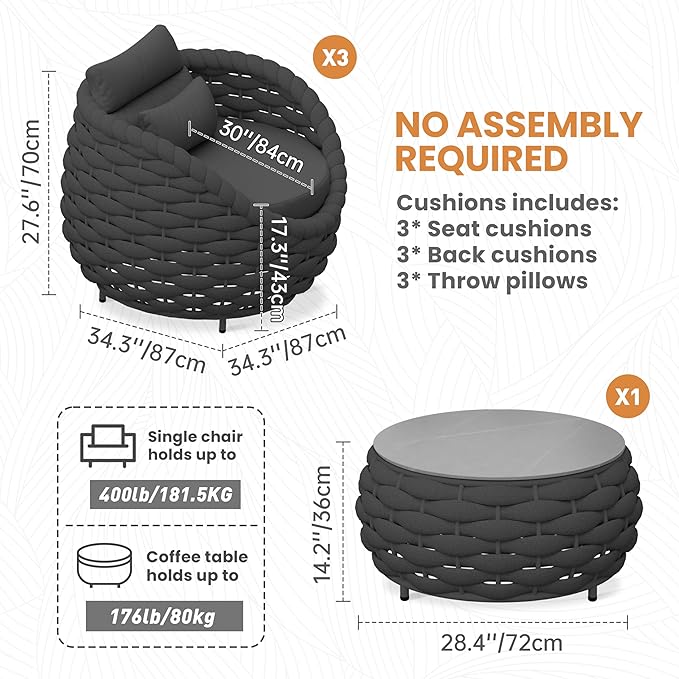 4 Pieces Courtyard Seating Set: Aluminum Woven Rope Patio Furniture Chair Set - All Weather Metal Outdoor Conversation Set - Assembled Armchair w/Table for Bistro Deck Porch Balcony, Dark Grey