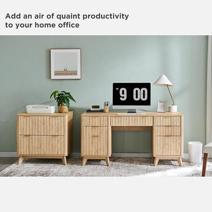 T4TREAM 60'' Fluted Executive Desk with Drawers, Modern Home Office Computer Desk with Charging Station, Keyboard Tray, File Drawer and Storage Cabinet for Study, Living Room, Bedroom, Natural Oak