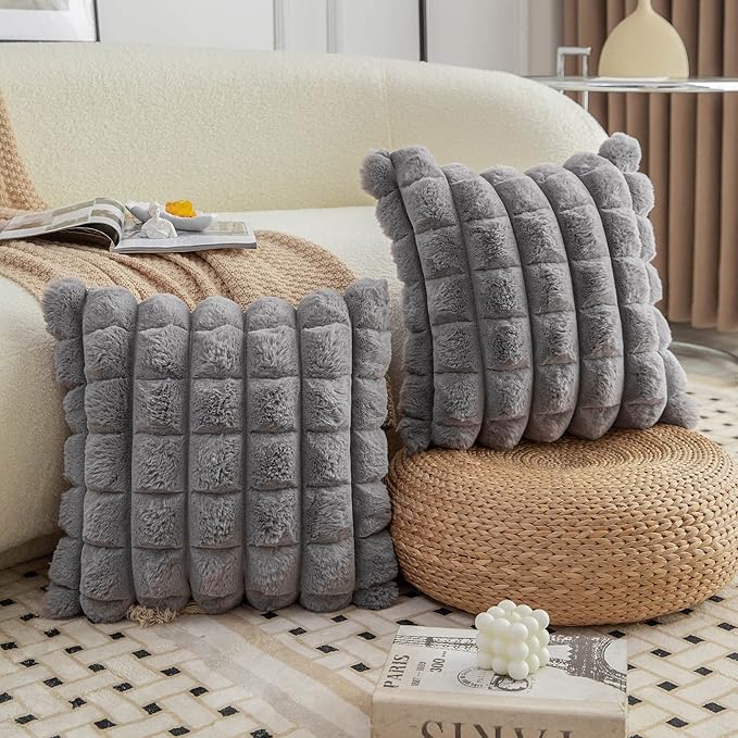 Neelvin Grey Faux Fur Cozy Soft Plaid Decorative Throw Pillow Covers 22x22 inch Set of 2,Velvet Pillowcase Cushion Case for Sofa Couch