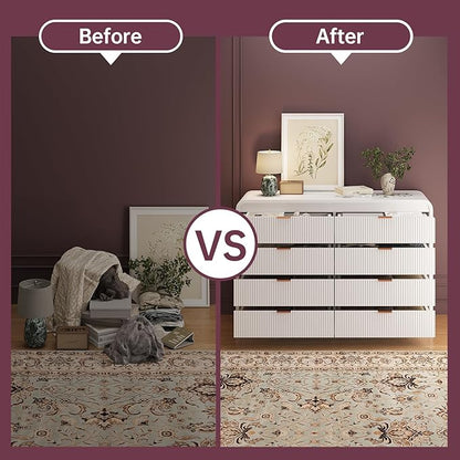 FURSUN Fluted 8 Drawers Dresser for Bedroom, 55" Wide Wooden Dresser with Metal Handle, Curved Profile Design, Modern Storage Organizer for Bedroom, Hallway (White)