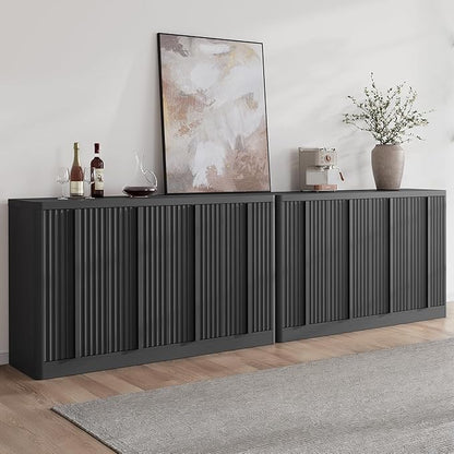 Fluted Buffet Cabinet with Storage, 120"Sideboard Buffet Cabinet with 8 Door, Modern Credenza Storage Cabinets with Adjustable Shelves, Solid Wood Handles for Kitchen, Dining, Living Room, Black(2PC)