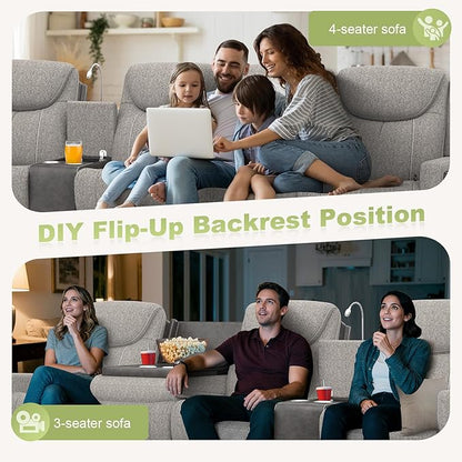 4 Seat Recliner Sofa, 2 - Way Multi - Function Manual 4 Seater Recliner Couch with Cup Holders, Storage & USB Ports, Luxury Large Linen & Leather Blend Reclining Sofa for Living Room