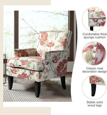 HULALA HOME Modern Accent Chair with Arms and Wooden Legs, Mid Century Accent Chair Armchair High Back Rest, Padded Armrest and Comfortable Cushioned Seat for Living Room (Red Yellow Floral)