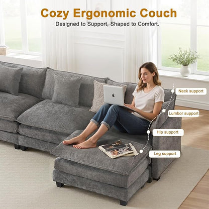111.4" L-Shaped Cloud Chenille Sectional with Reversible Chaise, Flexible 3+1 Layout for Large Spaces, Deep Seat and Free Pillows Included