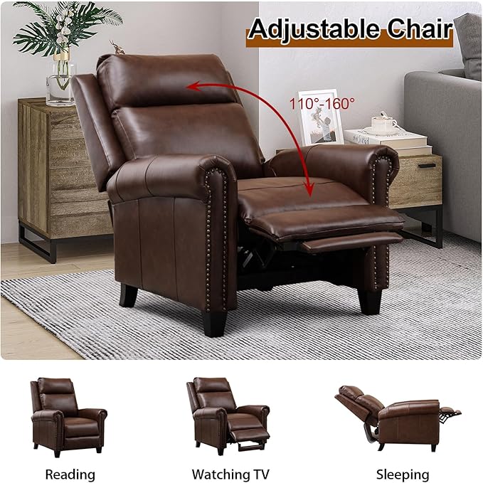 CANMOV Leather Pushback Recliner Chair, Classic and Traditional Push Back Recliner Chair with Rivet Decoration for Living Room, Adjustable Single Sofa, Brown