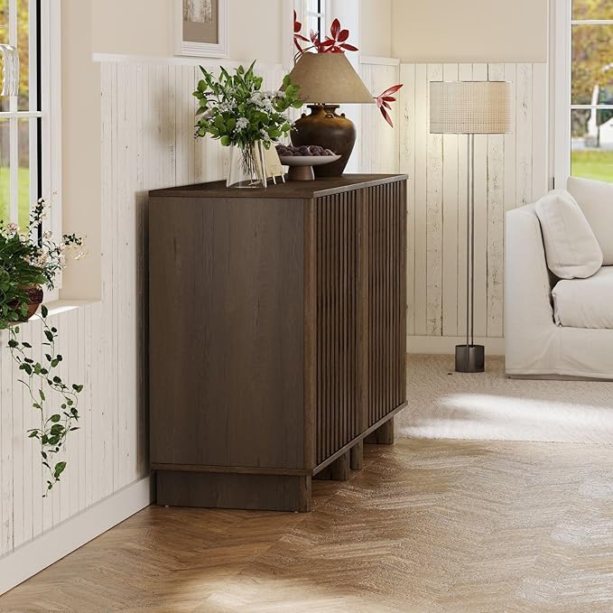 Walnut Storage Cabinet Set, Freestanding Floor Cabinet 23.6” Farmhouse Sideboard with 2 Fluted Doors Wooden Buffet Cabinet Media Console Table Credenza for Living Room Dining Room Hallway, Singe