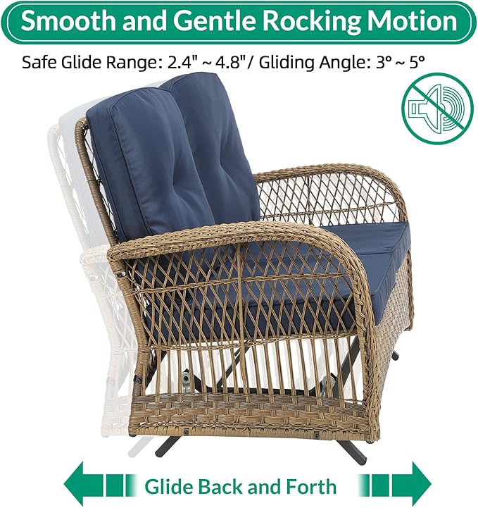 VIVIJASON 2-Piece Patio Wicker Loveseat Glider Set Cushioned, Outdoor Conversation Furniture Sets with 2-Seater Glider Rocking Bench, Coffee Table and Cushions for Porch Garden Poolside, Navy Blue