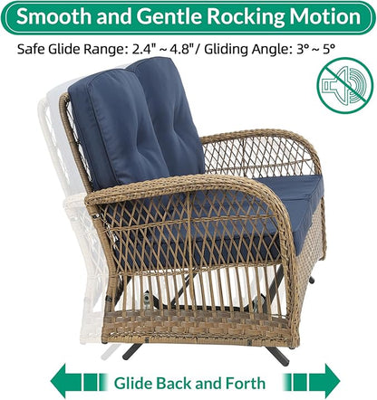 VIVIJASON 2-Piece Patio Wicker Loveseat Glider Set Cushioned, Outdoor Conversation Furniture Sets with 2-Seater Glider Rocking Bench, Coffee Table and Cushions for Porch Garden Poolside, Navy Blue