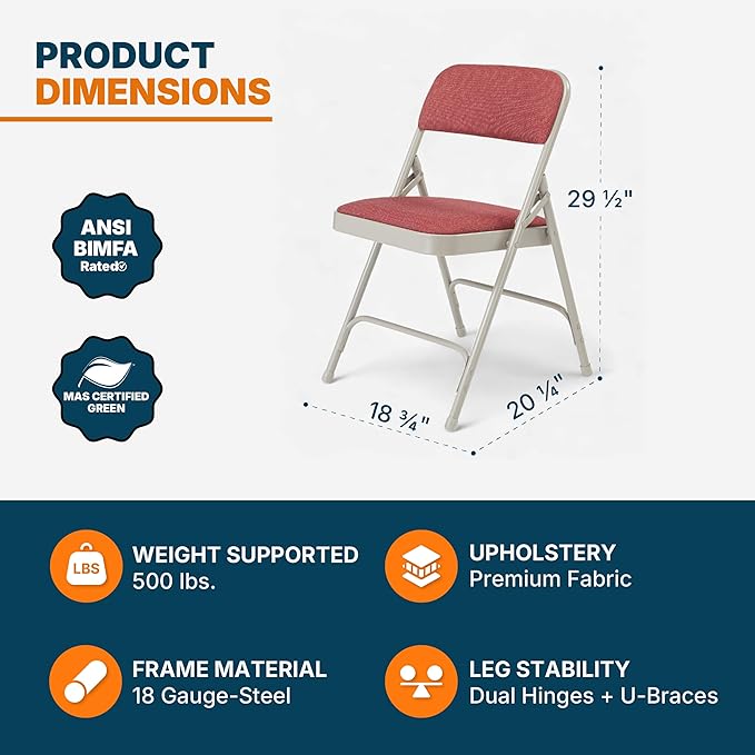 OEF Furnishings OEF2200 Series Heavy-Duty Premium Fabric Padded Upholstery Double-Hinged Folding Chairs (4-Pack, Crimson Red/Gray)
