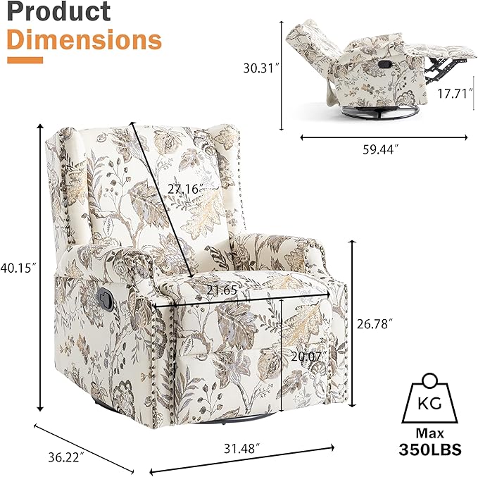 Swivel Glider Recliner Chairs Set of 2, High Back Rocker Reclining Accent Chair with Smooth Manual Mechanism for Nursery, Comfortable & Quiet Upholstered Armchair Seating-Cream Plant
