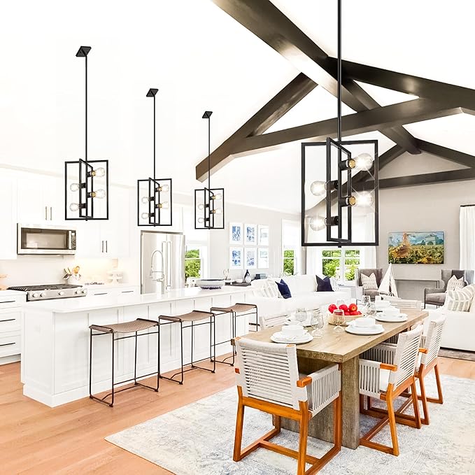 Black Chandelier Light Fixture Modern: 4-Light Farmhouse Kitchen Island Lighting, Geometric Dining Room Light Fixtures, Rustic Industrial Entryway Pendant Lights, for Living Room, Bedroom, Foyer