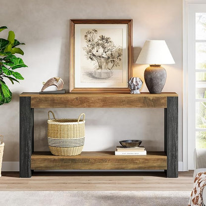 Tribesigns 63-Inch Long Console Table for Entryway, Farmhouse Wood Sofa Table Behind Couch for Living Room, Hallway, Entrance, Foyer, Rustic Brown & Black