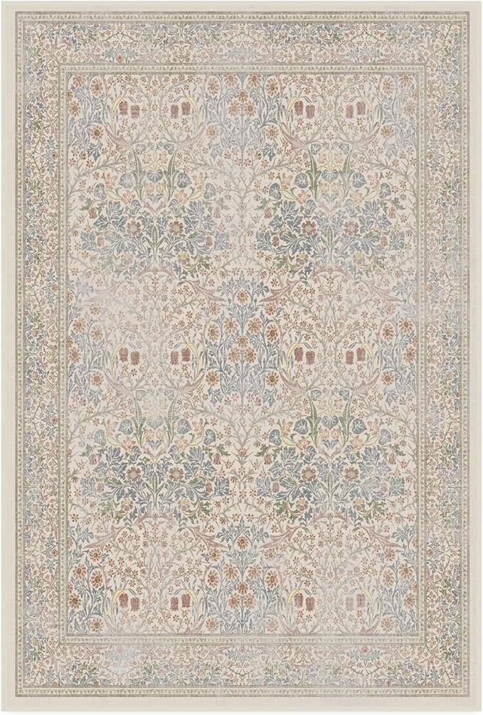 RUGGABLE x Morris & Co Washable Area Rug – Blackthorn Ivory Blue 4x6, Stain-Resistant, Non-Slip – Medium Machine Washable Rugs for Living Room, Bedroom, Hallway, Entryway & Office–with Cushioned Pad