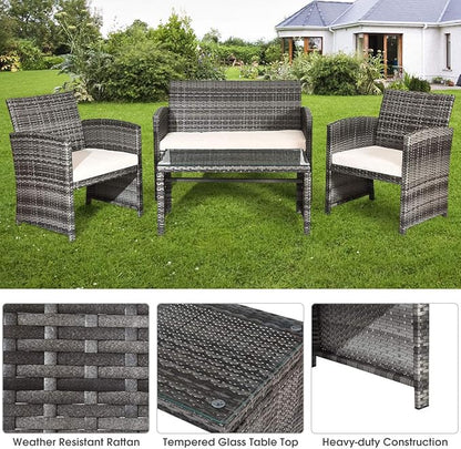 COSTWAY Patio Furniture Set 4 Pieces, Outdoor Wicker Chairs Sofa w/Coffee Table and Soft Cushions, Rattan Conversation Sets for Patio Lawn Backyard Yard Pool Garden, White