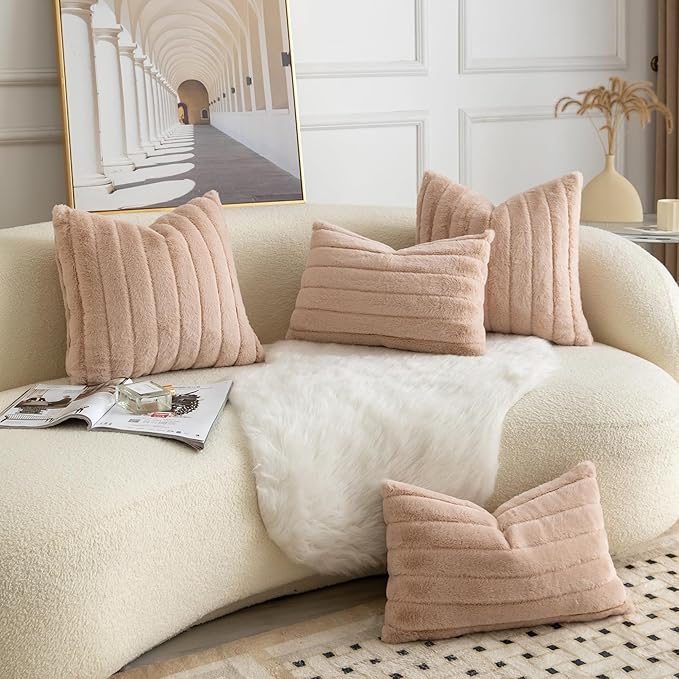 Pack of 2 Faux Fur Throw Pillow Covers 12x20 Inch Striped Decorative Soft Plush Couch Pillow Case Home Decor for Bed, Sofa, Living Room Beige