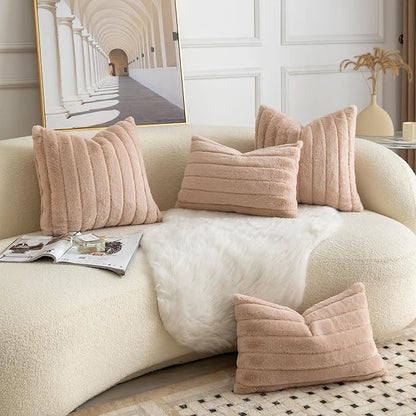 Pack of 2 Faux Fur Throw Pillow Covers 16x16 Inch Striped Decorative Soft Plush Couch Pillow Case Home Decor for Bed, Sofa, Living Room Beige
