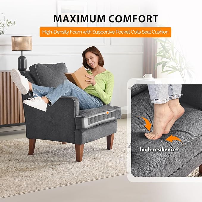 VINGLI Mid-Century Modern Accent Chair, Black Upholstered Armchair Comfy Sofa Chair Reading Chair High Back for Living Room Bedroom Furniture Apartment