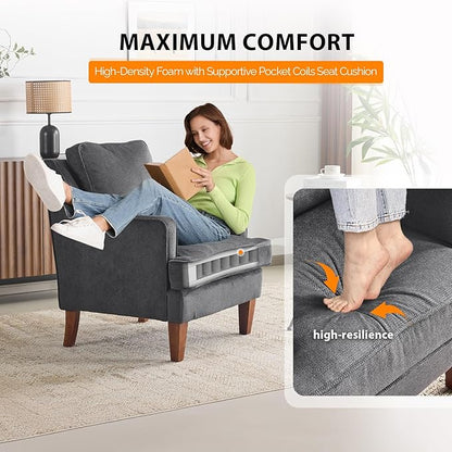 VINGLI Mid-Century Modern Accent Chair, Black Upholstered Armchair Comfy Sofa Chair Reading Chair High Back for Living Room Bedroom Furniture Apartment
