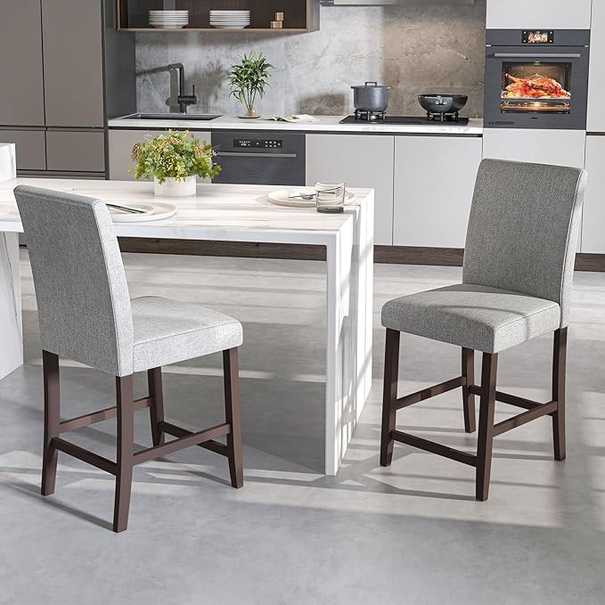 COSTWAY Counter Height Bar Stools Set of 2, 24'' Upholstered Mid Century Modern Island Chairs with Rubber Wood Legs, Wooden Barstools for Kitchen, Dining Room, Bar, Restaurant (Light Grey)