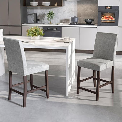 COSTWAY Counter Height Bar Stools Set of 2, 24'' Upholstered Mid Century Modern Island Chairs with Rubber Wood Legs, Wooden Barstools for Kitchen, Dining Room, Bar, Restaurant (Light Grey)