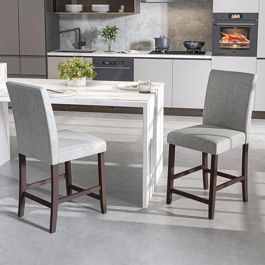 COSTWAY Counter Height Bar Stools Set of 2, 24'' Upholstered Mid Century Modern Island Chairs with Rubber Wood Legs, Wooden Barstools for Kitchen, Dining Room, Bar, Restaurant (Light Grey)