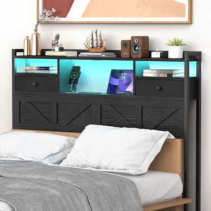 Queen Size Headboard with Drawers, Outlets & USB Ports,Sturdy Wood Bed Frame with Adjustable Height, Built-in LED Lighting (Black, Queen 59 * 7.08 * 45.7)