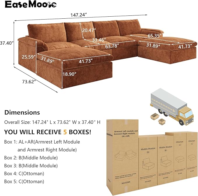EASE MOOSE Boneless Modular Cloud Couch, U-Shaped Oversized Sectional Sofa for Living Room with Ottoman, Extra Large Movable Couches, 6-Deep-Seat Sofas for Bedroom, Apartment, Chenille (Brown)