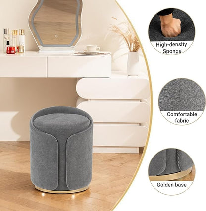 Swivel Vanity Stool with Gold Base Comfy Vanity Chair Modern Round Stool for Makeup Vanity Ottoman Foot Rest for Bedroom livingroom (Dark Gray)