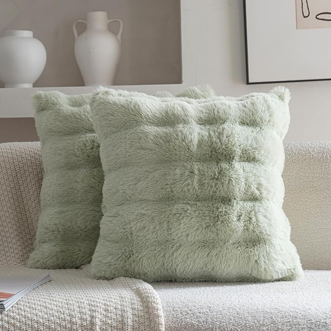 Neelvin Green Faux Fur Cozy Soft Double-Sided Decorative Throw Pillow Covers 22x22 inch Set of 2,Velvet Pillowcase Cushion Case for Sofa Couch