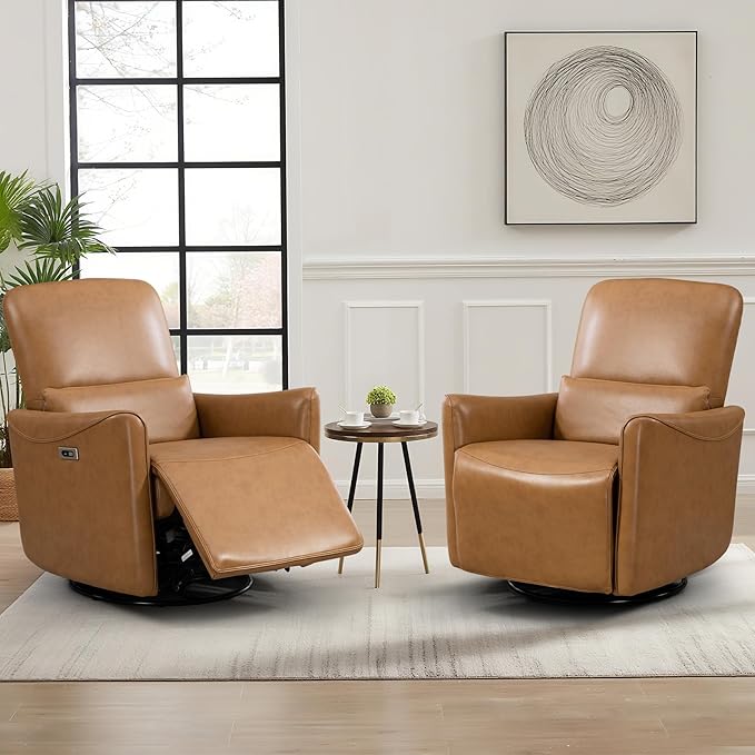 Power Swivel Recliner Chair, Faux Leather Glider Electric Rocking Chair for Adults. Nursery Rocker Single Sofa Chair with Lumbar Support for Living Room. Dual-port Charging: Type-C&USB, Brown