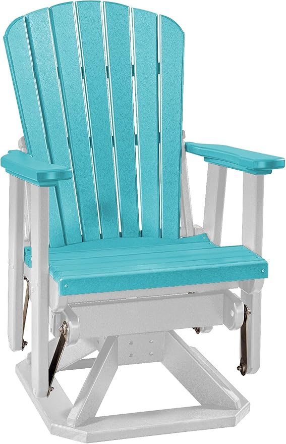 DutchCrafters Slat Fan Back Poly Adirondack Swivel Glider Outdoor Patio Chair (White & Aruba Blue)